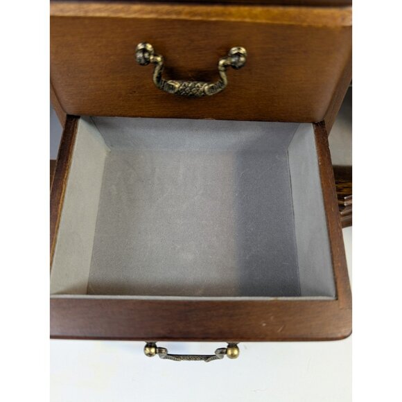 Vintage Large Wood Jewelry Armoire 2 Glass Doors, Mirrors, 4 Drawers Velvet 15" - Picture 8 of 13